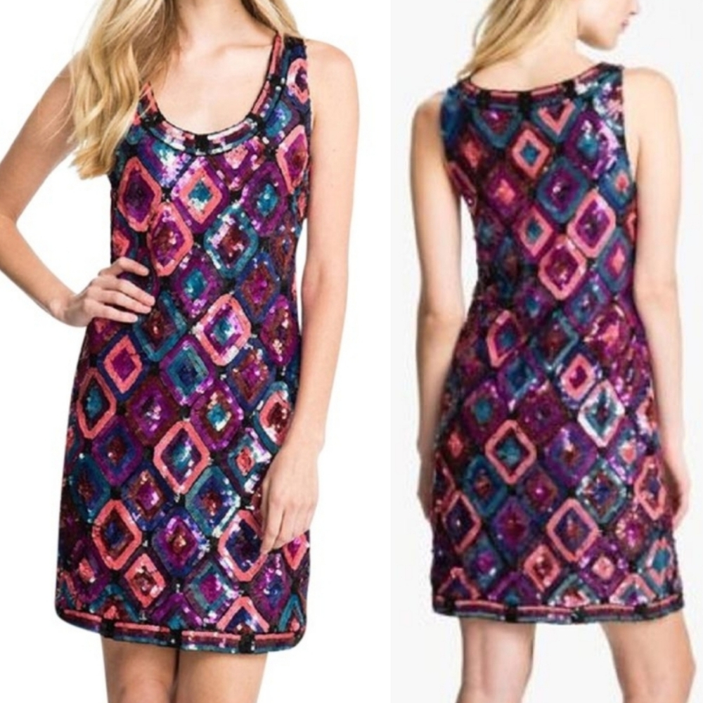 Trina Turk Sequin Mini Dress Retro Disco Purple Pink Blue Geometric cocktail